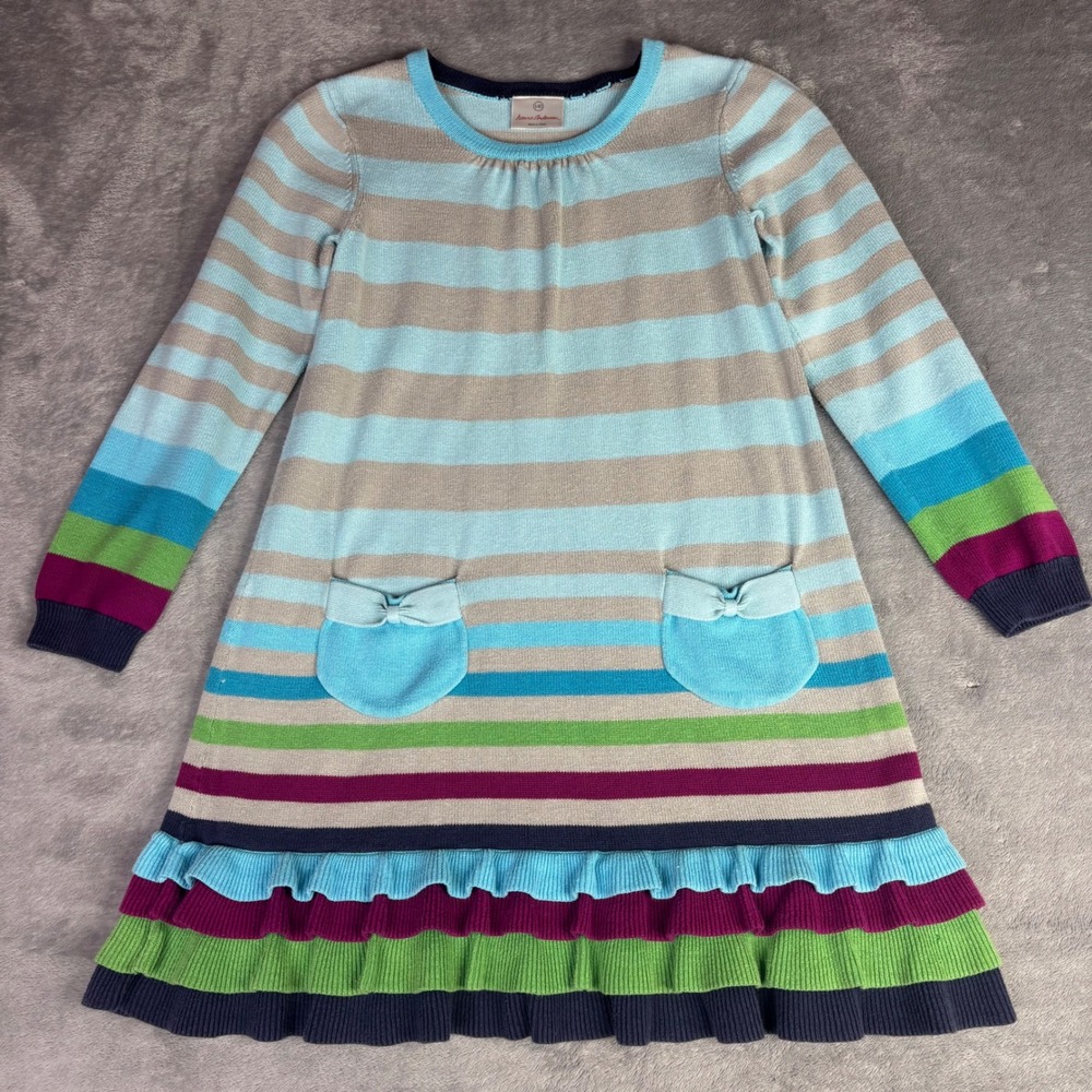 Hanna Andersson Sweater Dress Girls‎ 10 Blue Striped Bow Pocket Ruffle Hem 39186